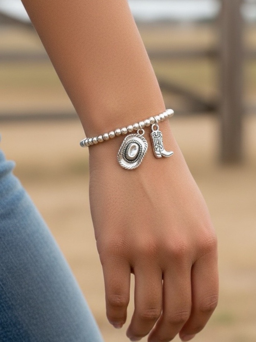 Silver Beaded Boot & Cowboy Hat Charm Bracelet Cowgirl Rodeo Country Western - Picture 1 of 5